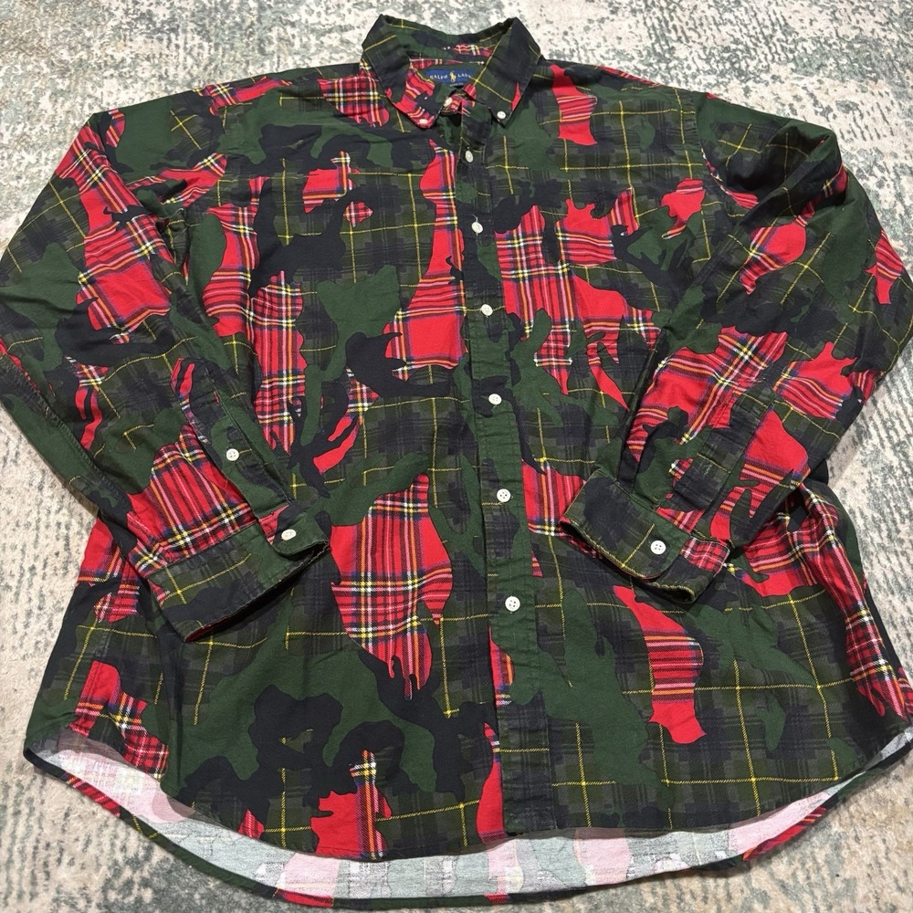 Polo Ralph Lauren Stuart Camo Plaid Oxford Shirt Mens XXL Classic Fit Green Red